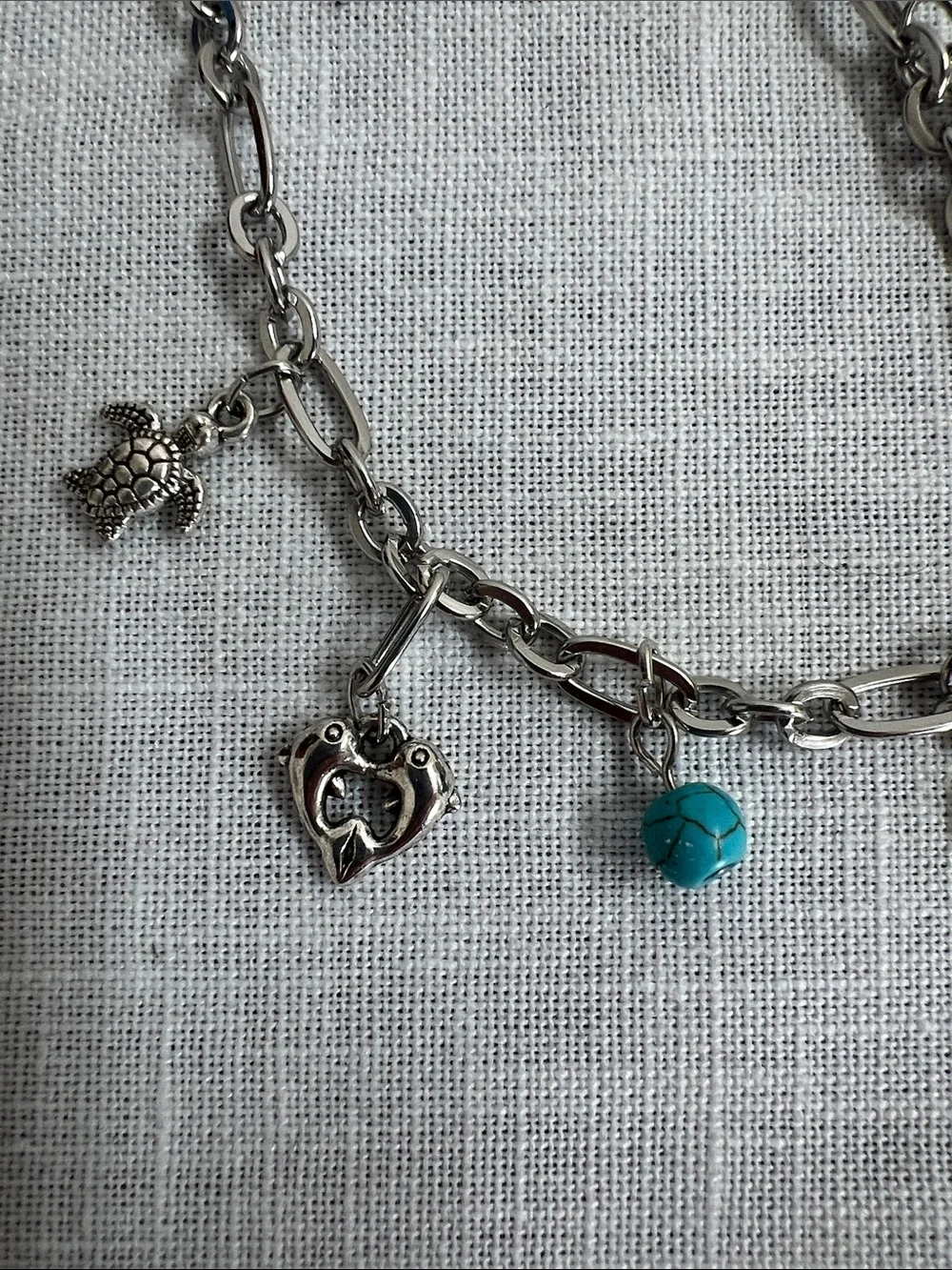 🌞 Sterling Silver Charm Bracelet w/Turquoise Accents Turtles Dolphins Whales OS